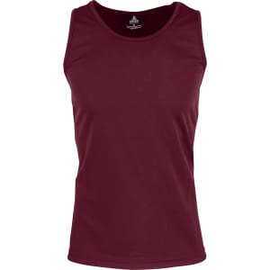 A maroon men's singlet with a fitted design, featuring a logo on the neckline.