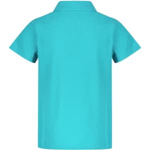 A turquoise polo shirt for kids with a classic collar and short sleeves, featuring a logo.