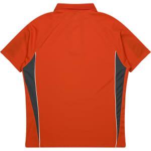 An orange polo shirt featuring grey side accents and a collar, with a logo on the back.
