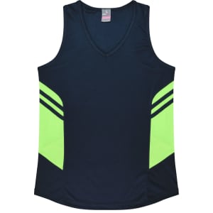 A navy singlet with bright green side panels and a branding logo on the neckline.