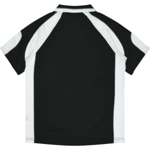 A black and white kids' polo shirt featuring a sporty design and a logo on the front.