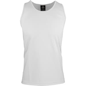 A white men's singlet made from a lightweight fabric, featuring a label and a simple design.