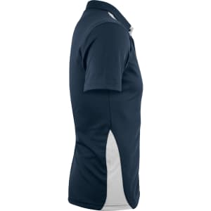 A navy polo shirt with white side panels and a collar. It features a logo on the chest area.