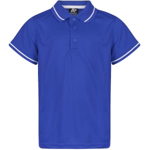 A blue polo shirt featuring a collar and matching trim, designed for kids with a logo on the label.