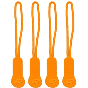 Four orange zip puller accessories with textured grips, each featuring a logo.