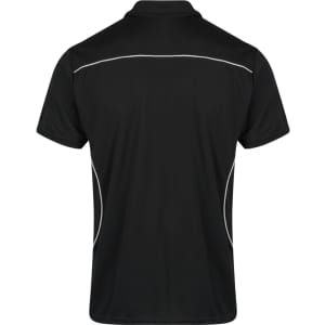 A black polo shirt featuring contrast piping along the seams and a logo on the front.