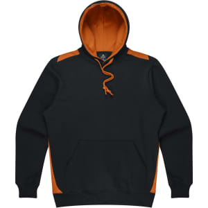 A black hoodie with orange accents and a front pocket, featuring a drawstring hood and a logo.