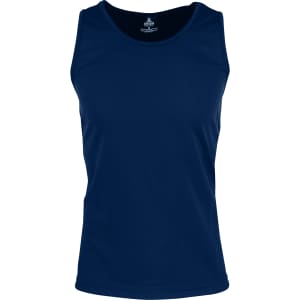 A navy blue men's singlet with a round neck and a simple design, featuring a small logo.
