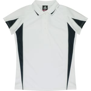 A white polo shirt with dark navy blue accents and a logo on the chest. Short-sleeved design.