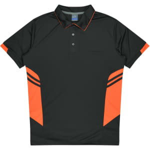 Black polo shirt with orange side panels and a collar, featuring a logo on the chest.