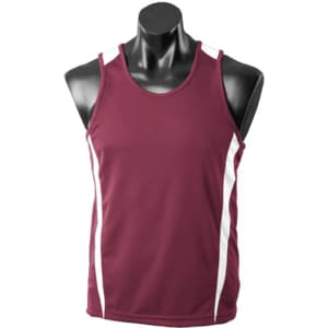 A maroon singlet with white side accents and a logo, displayed on a black mannequin.