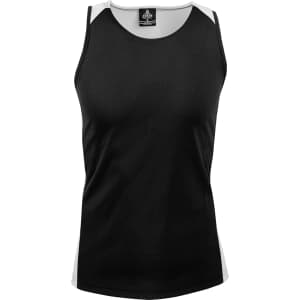A black singlet with white side panels, featuring a logo at the neckline in a promotional product.