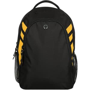 A black and yellow backpack with side mesh pockets and a logo on the front.