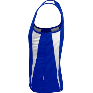 A blue and white singlet with a fitted design and a logo on the side.