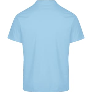 A light blue polo shirt with a collar, featuring a branding logo on the back.