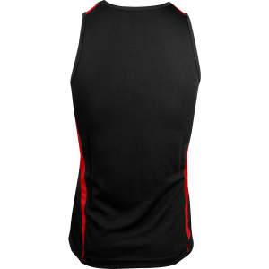 A black singlet featuring red side panels. The design includes a logo on the back.