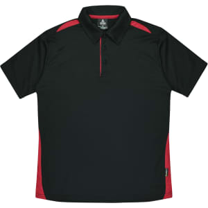 A black polo shirt with red accents, featuring a collar and a logo on the neckline.