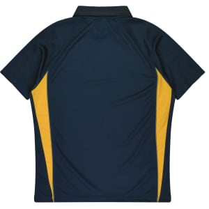 A navy polo shirt with yellow side panels and a collar, featuring a branding logo.