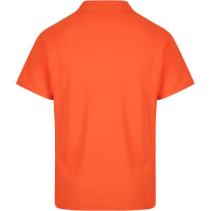 An orange polo shirt with a simple design, featuring a collar and short sleeves. It has a logo on the back.
