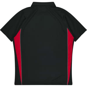 A polo shirt in black with red side accents and a collar, featuring a branding logo.