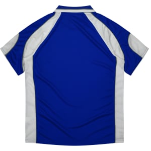 A blue polo shirt with grey accents, featuring a back view and a logo on the fabric.