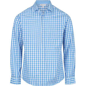 A long sleeve button-up shirt in blue and white checkered pattern, featuring a chest pocket and a logo.