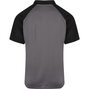 A grey polo shirt with black sleeves and a logo on the back. Suitable for casual or sportswear.