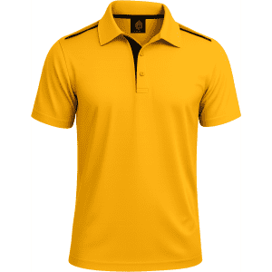 A yellow polo shirt with a collar, featuring black accents and a logo on the neckline.