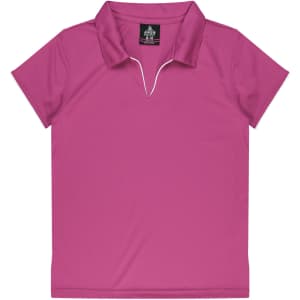 A pink polo shirt featuring a collar and a branding label on the inner neck.