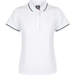 A white polo shirt with a collar and contrasting trim, featuring a logo on the chest.
