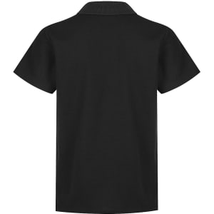 A black polo shirt featuring a collar and short sleeves, with a logo on the front.