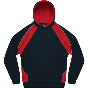 A hooded jumper featuring a navy base with red and yellow accents, designed for children. Includes a front pocket and a logo.