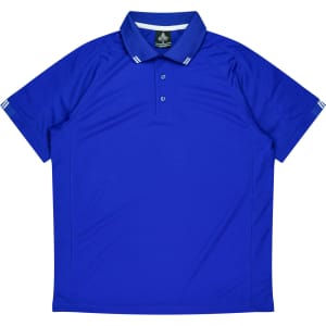 A blue men's polo shirt with a classic collar and three-button placket, featuring a logo.
