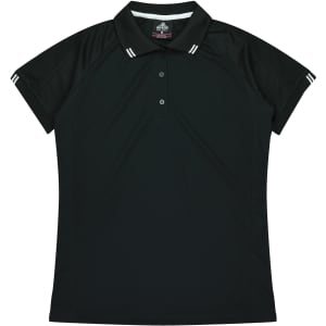 A black polo shirt with short sleeves and white stripes on the collar. Features a logo.