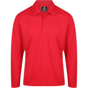 A red long-sleeve polo shirt featuring a three-button placket and a logo.