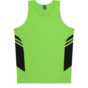 A bright green men's singlet featuring black side panels and a logo on the neckline.