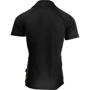 A black polo shirt with yellow accents, featuring a logo on one side and a classic design.
