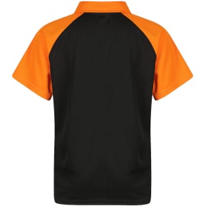 A black and orange polo shirt with a short-sleeved design and a collar. Features a logo on the fabric.