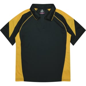 A polo shirt featuring green and yellow panels, with a collar and short sleeves, and a logo on the front.