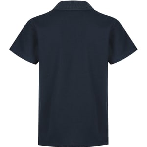 A navy blue polo shirt designed for kids, featuring a collared neckline and short sleeves. The back view is displayed.