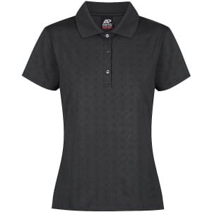 A black polo shirt with a ribbed texture and collar, featuring a button placket and a logo on the label.