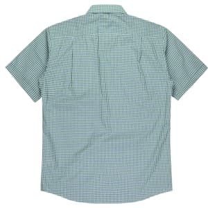 A short sleeve button-up shirt in a green check pattern, featuring a logo on the back.