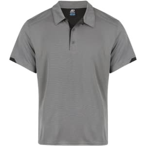 A grey polo shirt featuring a collared neckline and short sleeves. It has a logo on the front.