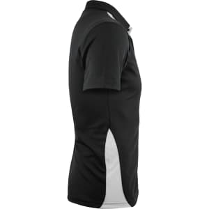 A black polo shirt with white detailing on the sides, featuring a collar and short sleeves.