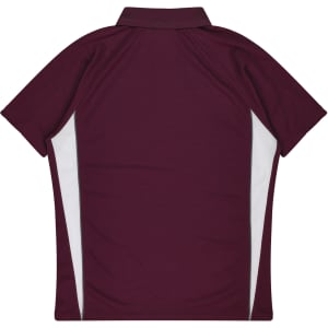 A maroon polo shirt with white side panels, featuring a collared neckline and short sleeves. Includes a logo.