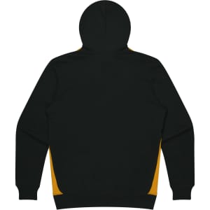 A black and yellow men's hoodie featuring a kangaroo pocket and a hood, with a logo on the front.