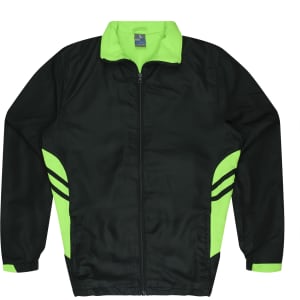 A black jacket with bright green accents and stripes, featuring a zip front and a collar. It has a logo.