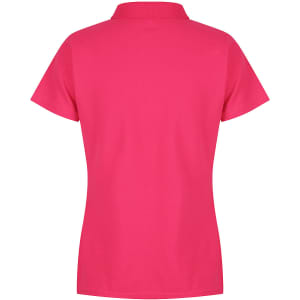 A pink polo shirt with a classic collar and short sleeves, featuring a logo on the chest.