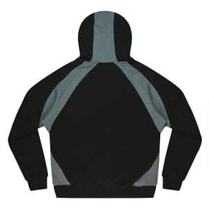 A men's hoodie featuring a black and grey colour scheme, showcasing a back view with a hood and raglan sleeves.
