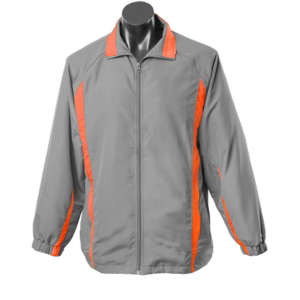 A grey tracktop with orange accents and a zip front, featuring a stand-up collar and elastic cuffs.